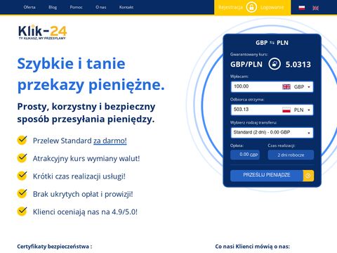 Klik-24.com przelewy pieniężne do Polski i Anglii